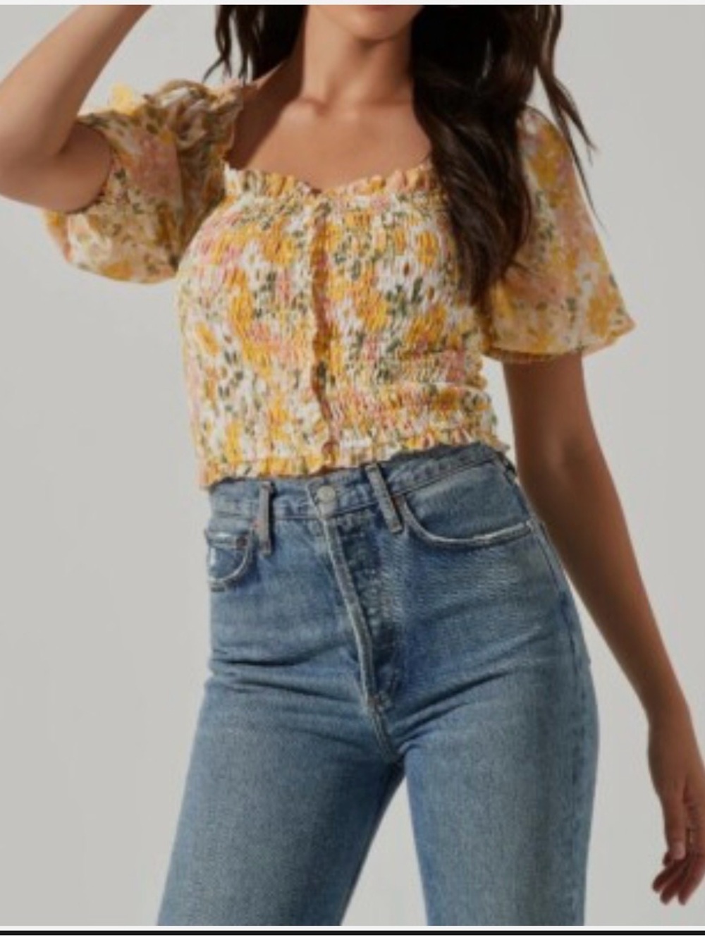Astr Yellow Floral Smocked Crop Top